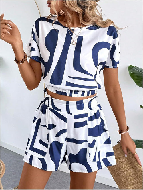 Abstract Print Short Sleeve Shorts Set - blue