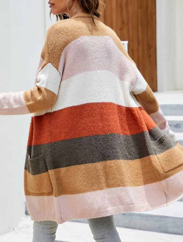 Wide Stripe Colorblock Longline Pocket Cardigan - Brown - 1