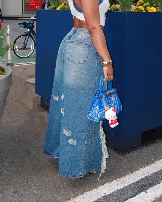 Frayed High Low Distressed Denim Midi Skirt - Blue - 3