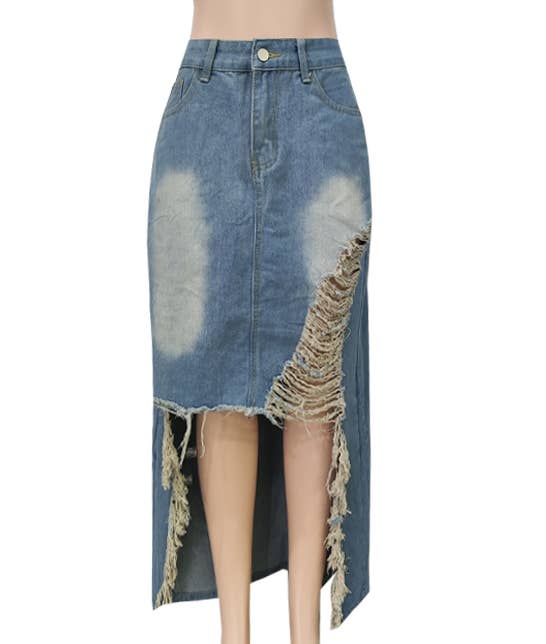 Frayed High Low Distressed Denim Midi Skirt
