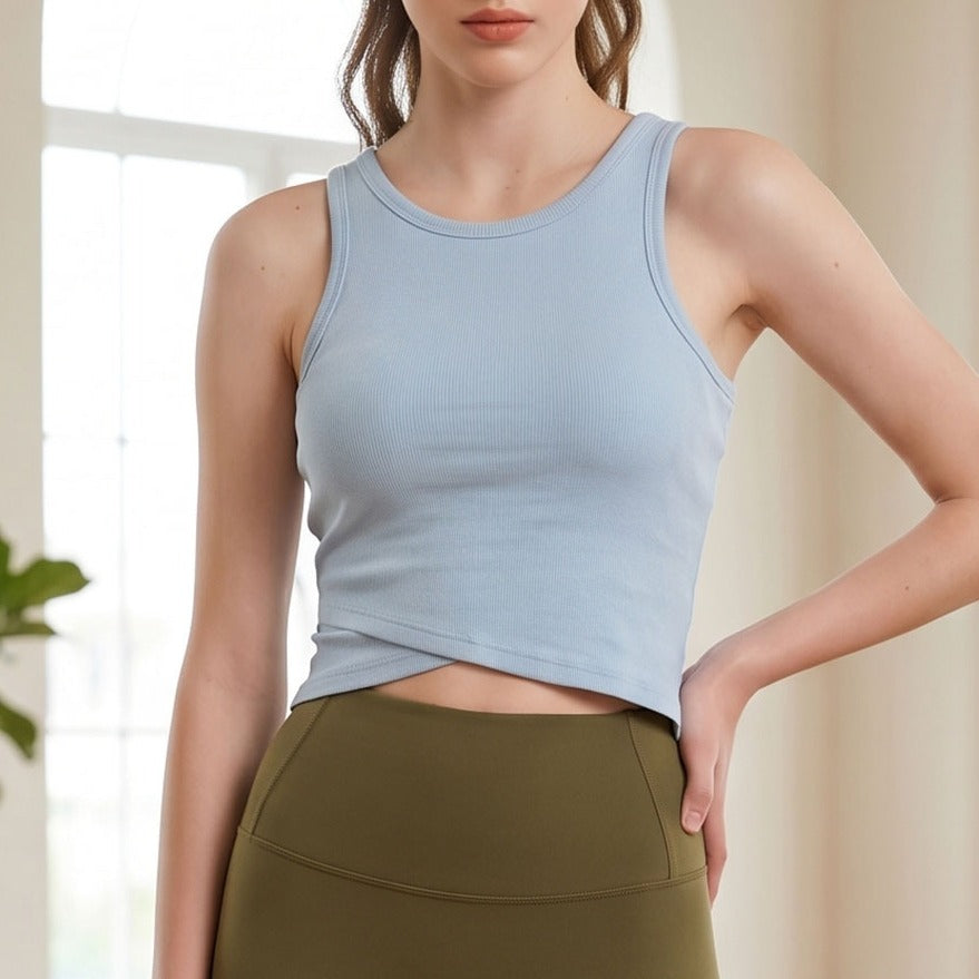 Ribbed Crossover Hem Padded Cropped Yoga Tank - Sky Blue