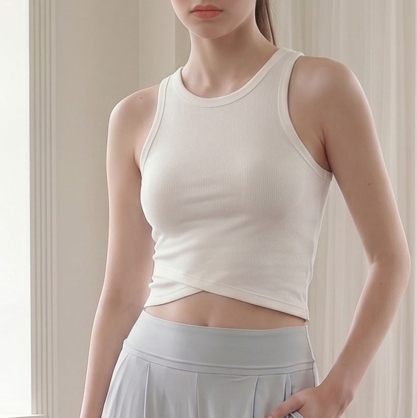 Ribbed Crossover Hem Padded Cropped Yoga Tank - White