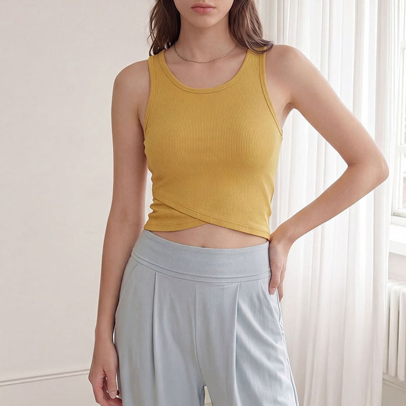 Ribbed Crossover Hem Padded Cropped Yoga Tank