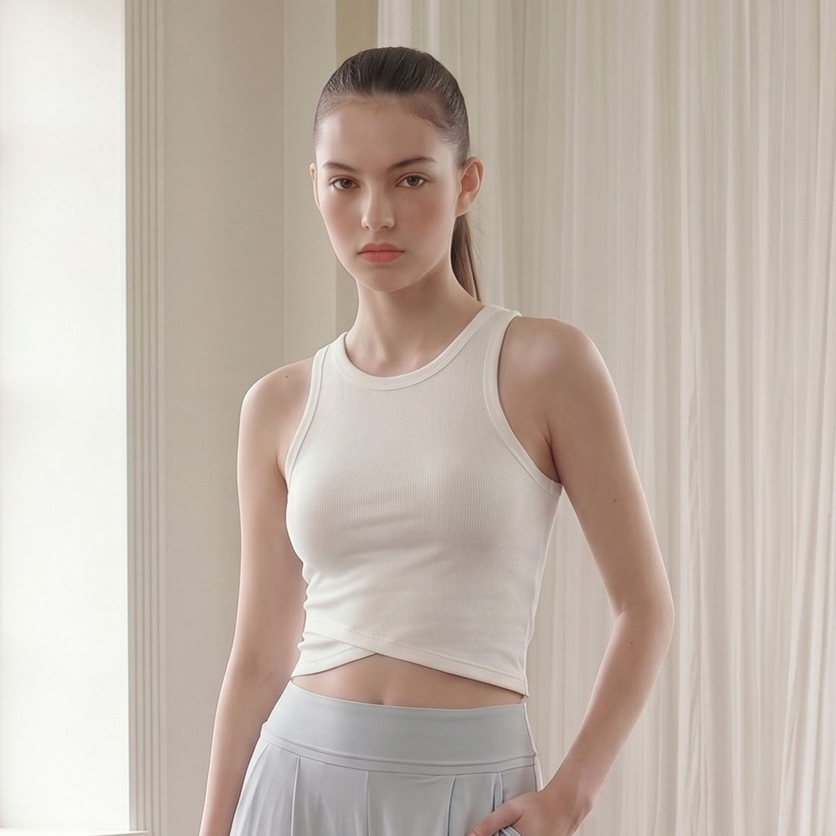 Ribbed Crossover Hem Padded Cropped Yoga Tank