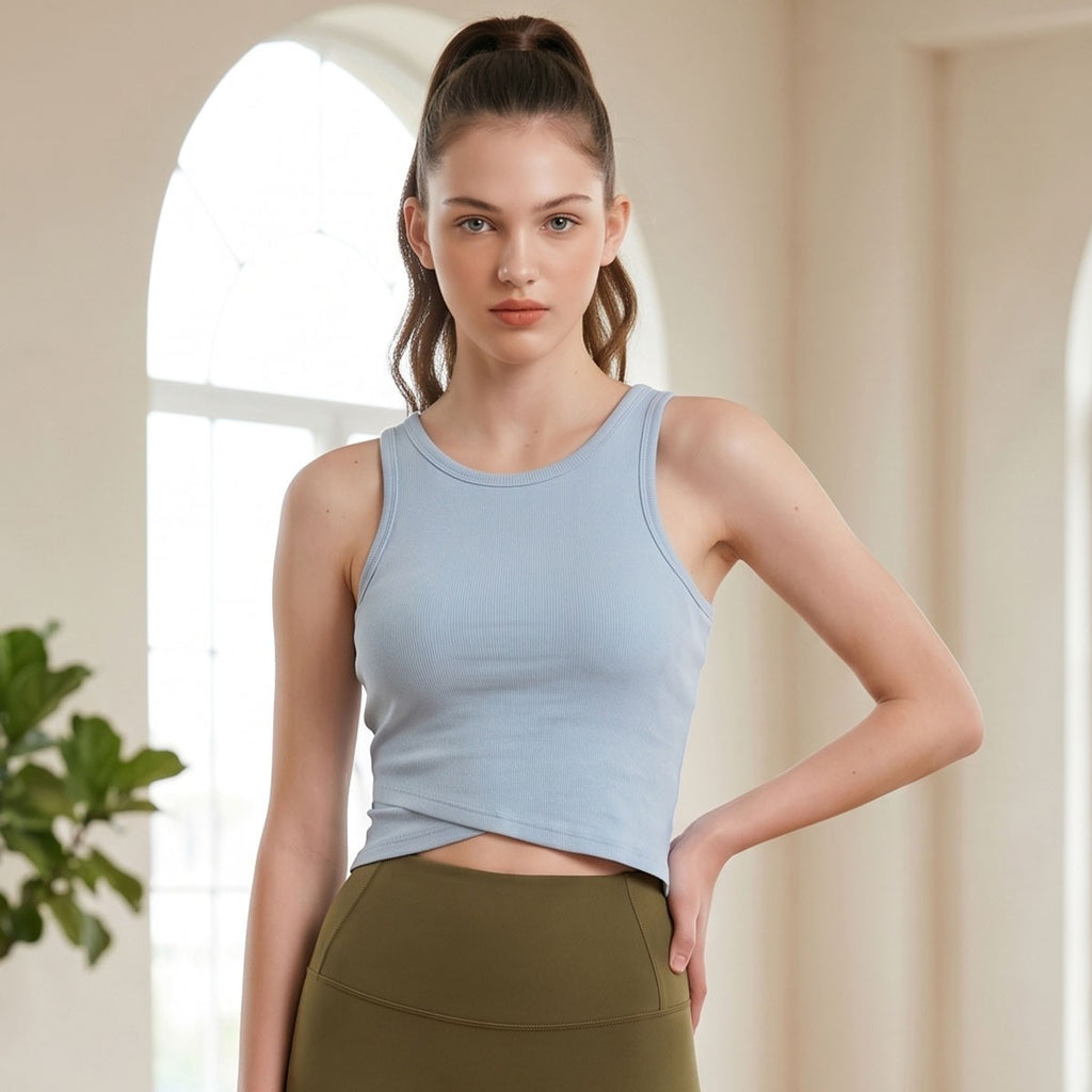 Ribbed Crossover Hem Padded Cropped Yoga Tank