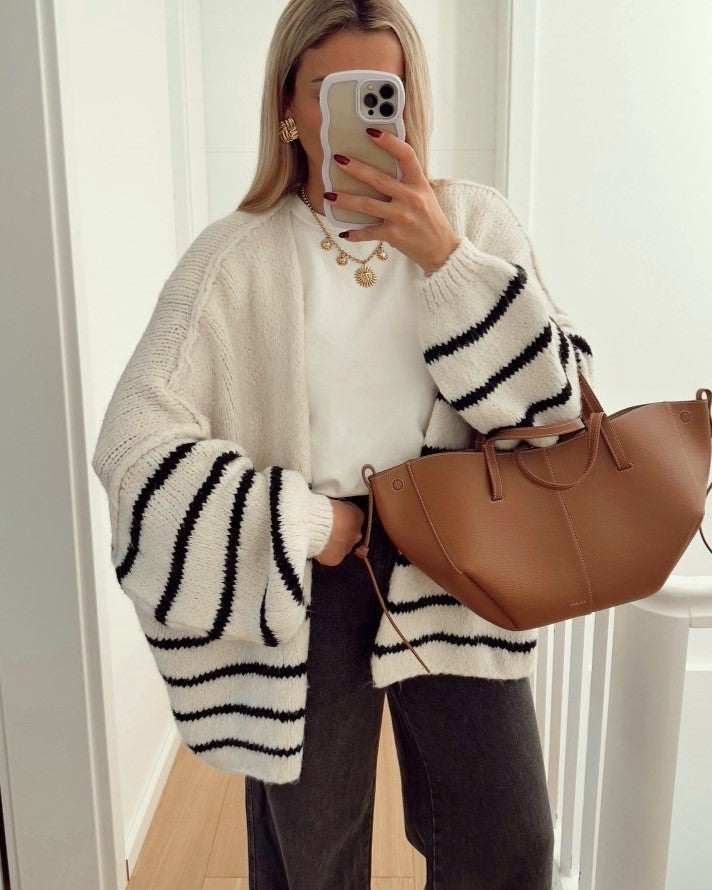 Slouchy Breton Stripe Knit Cardigan - Apricot
