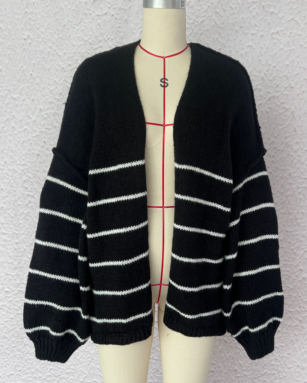 Slouchy Breton Stripe Knit Cardigan - Black