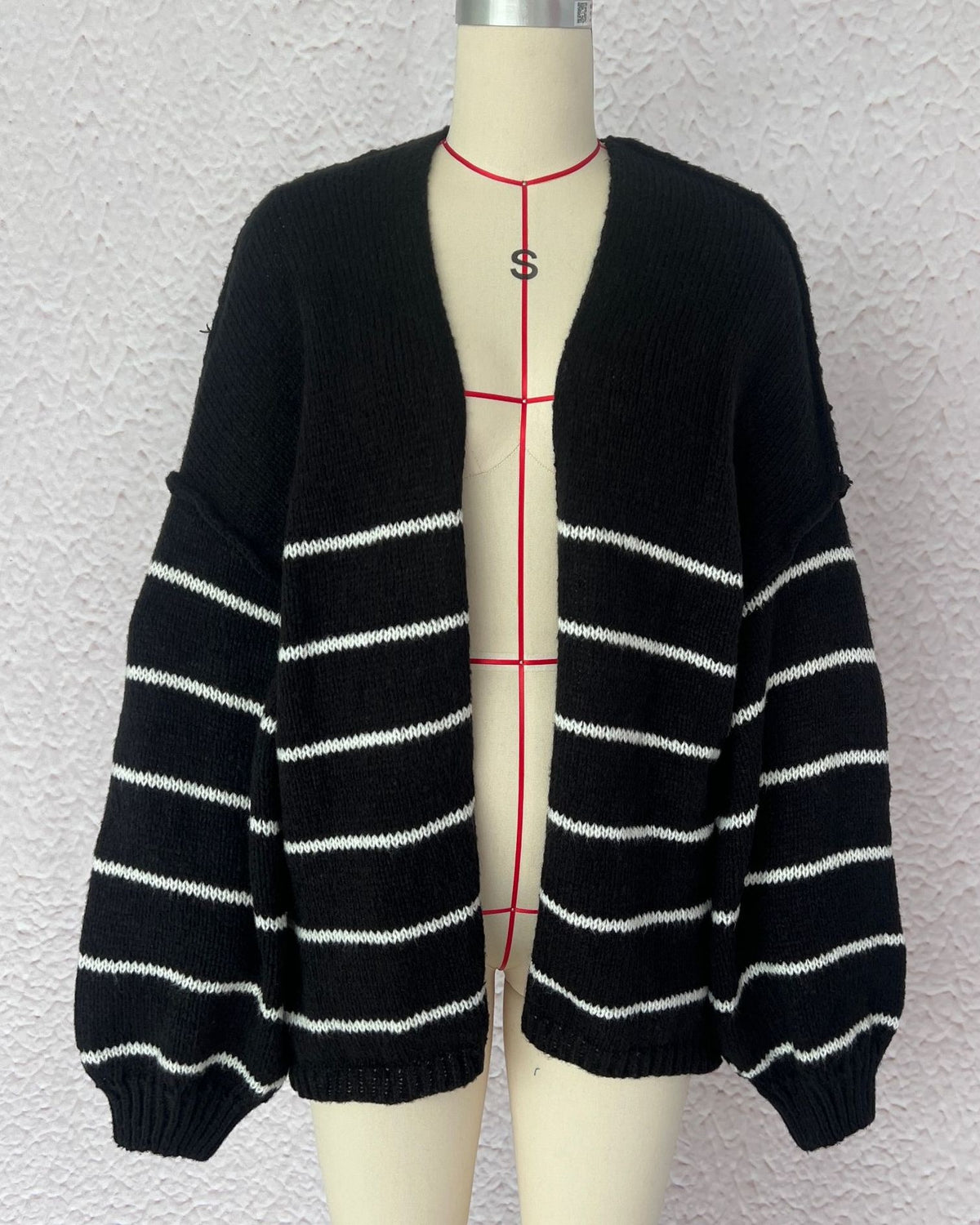 Slouchy Breton Stripe Knit Cardigan - Black