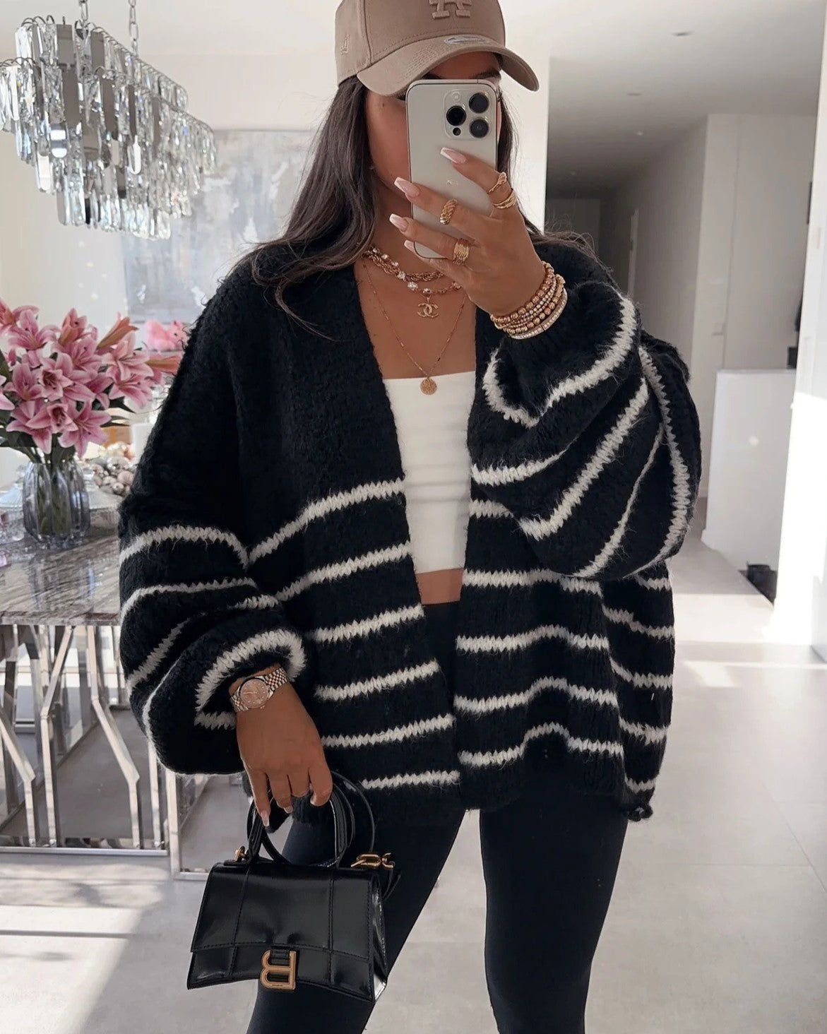 Slouchy Breton Stripe Knit Cardigan - Black - 1