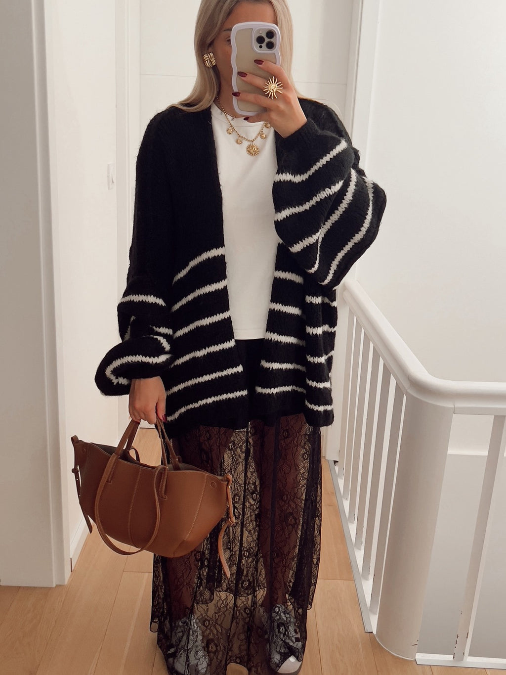 Slouchy Breton Stripe Knit Cardigan - Black - 3