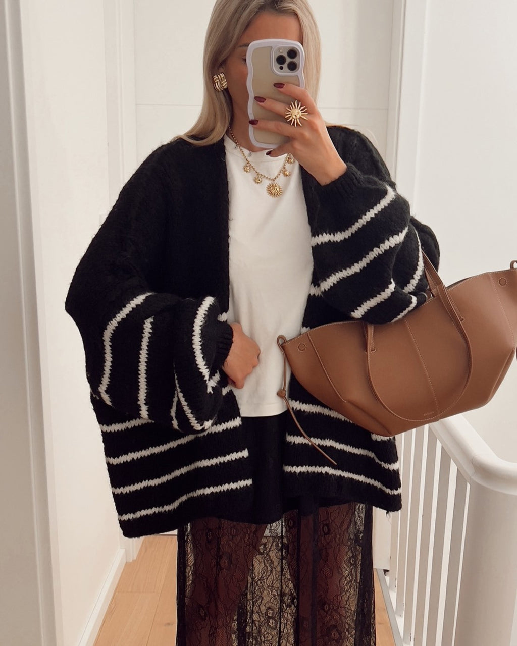 Slouchy Breton Stripe Knit Cardigan - Black - 4