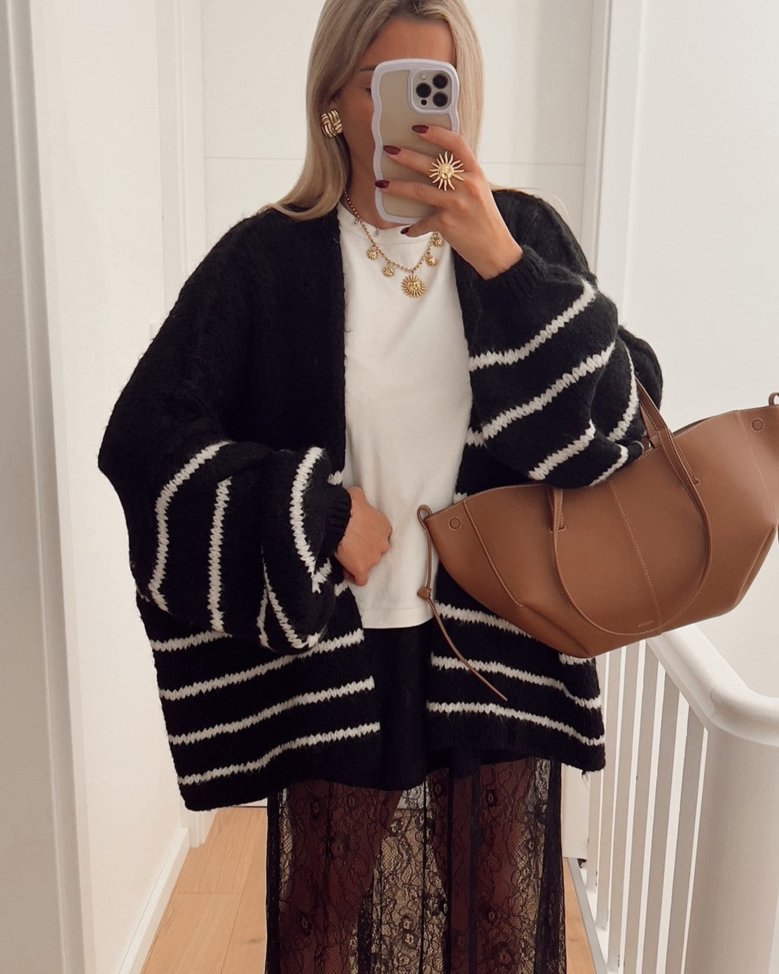 Slouchy Breton Stripe Knit Cardigan - Black - 4