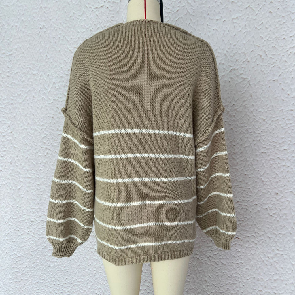 Slouchy Breton Stripe Knit Cardigan - Khaki - 1