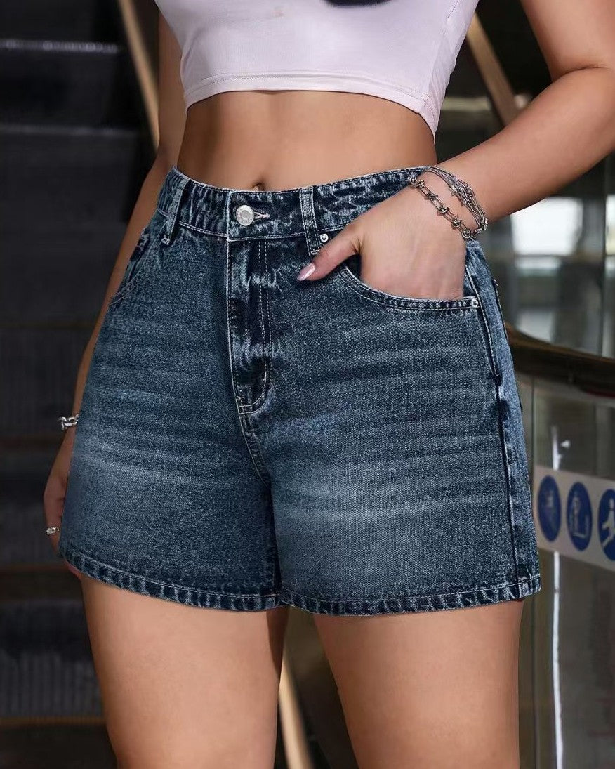 High Rise Wide Leg Denim Shorts - Blue - 2