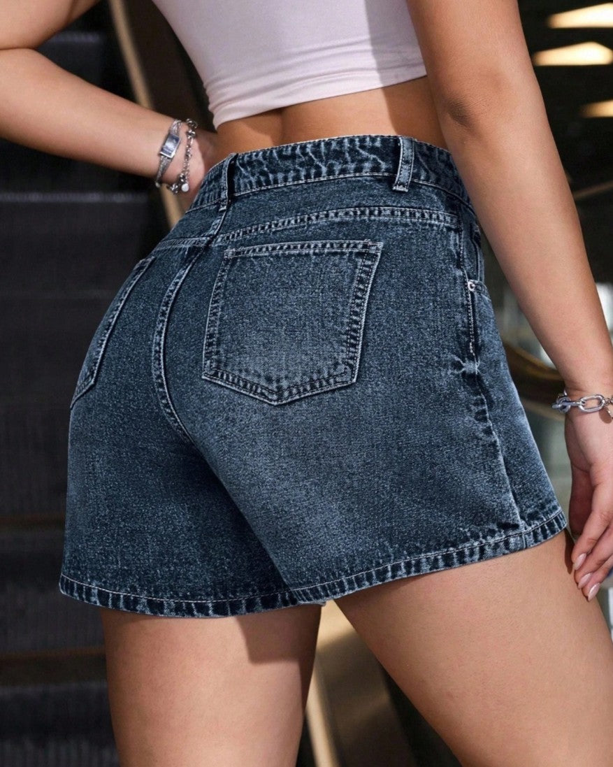 High Rise Wide Leg Denim Shorts - Blue - 3