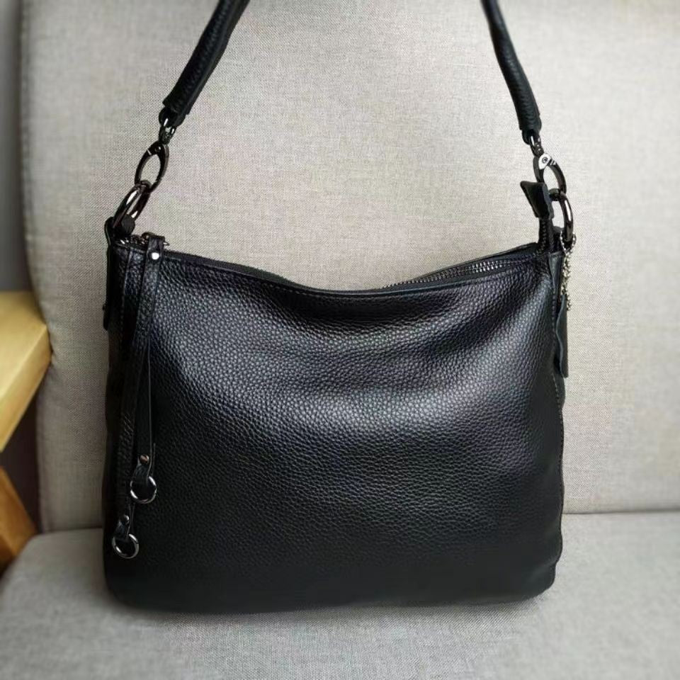 Soft Pebbled Leather Hobo Shoulder Bag - Black