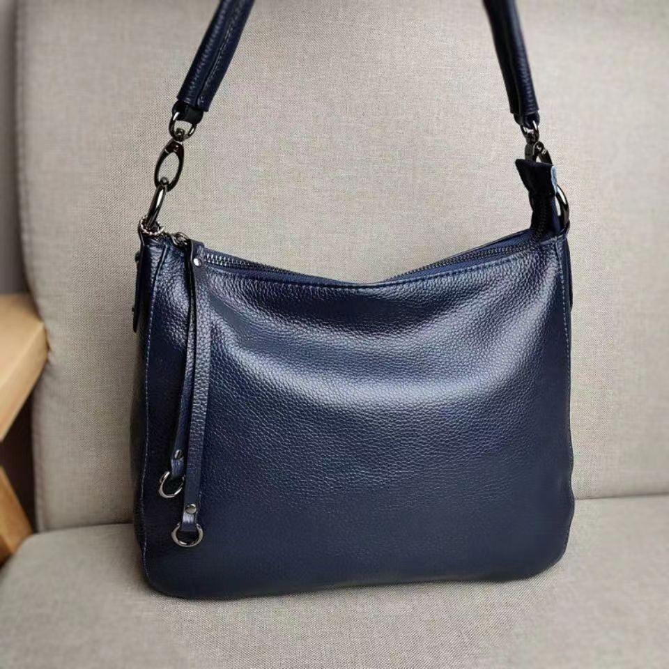 Soft Pebbled Leather Hobo Shoulder Bag - Navy