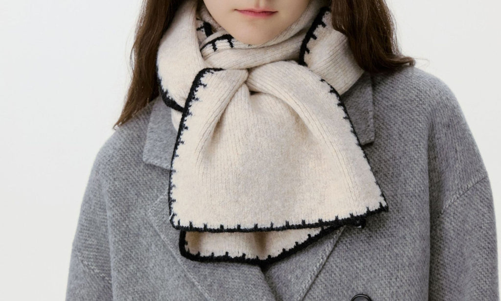 Blanket Stitch Trim Knit Winter Scarf - Beige