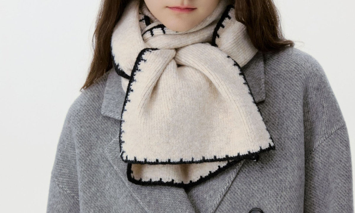 Blanket Stitch Trim Knit Winter Scarf - Beige