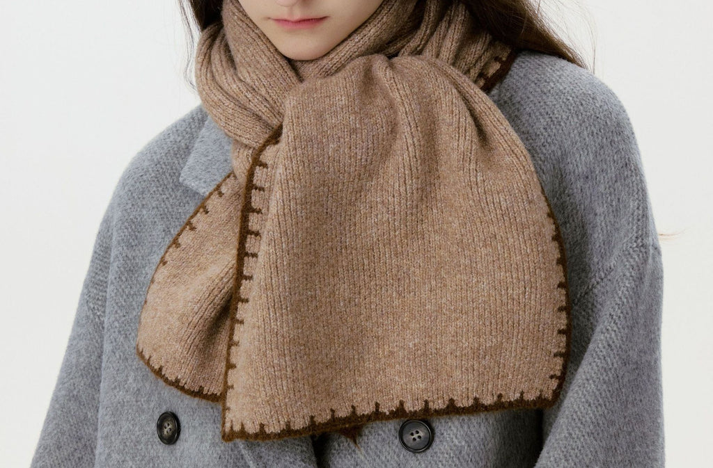 Blanket Stitch Trim Knit Winter Scarf - Camel