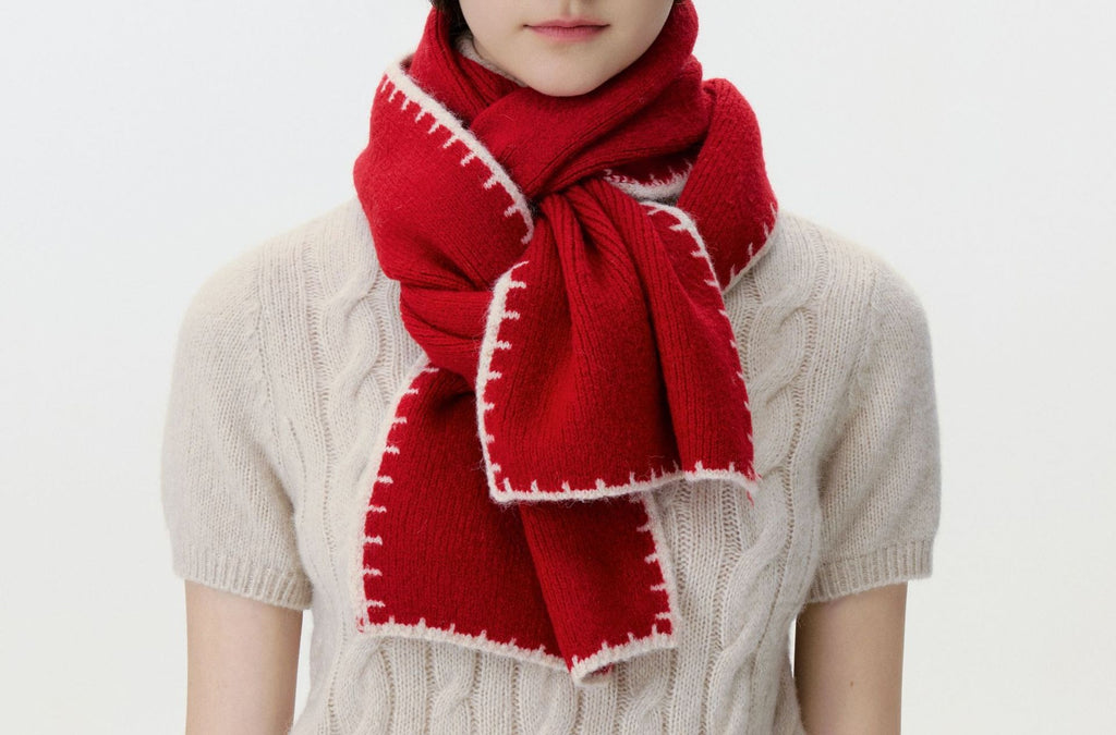 Blanket Stitch Trim Knit Winter Scarf - Red