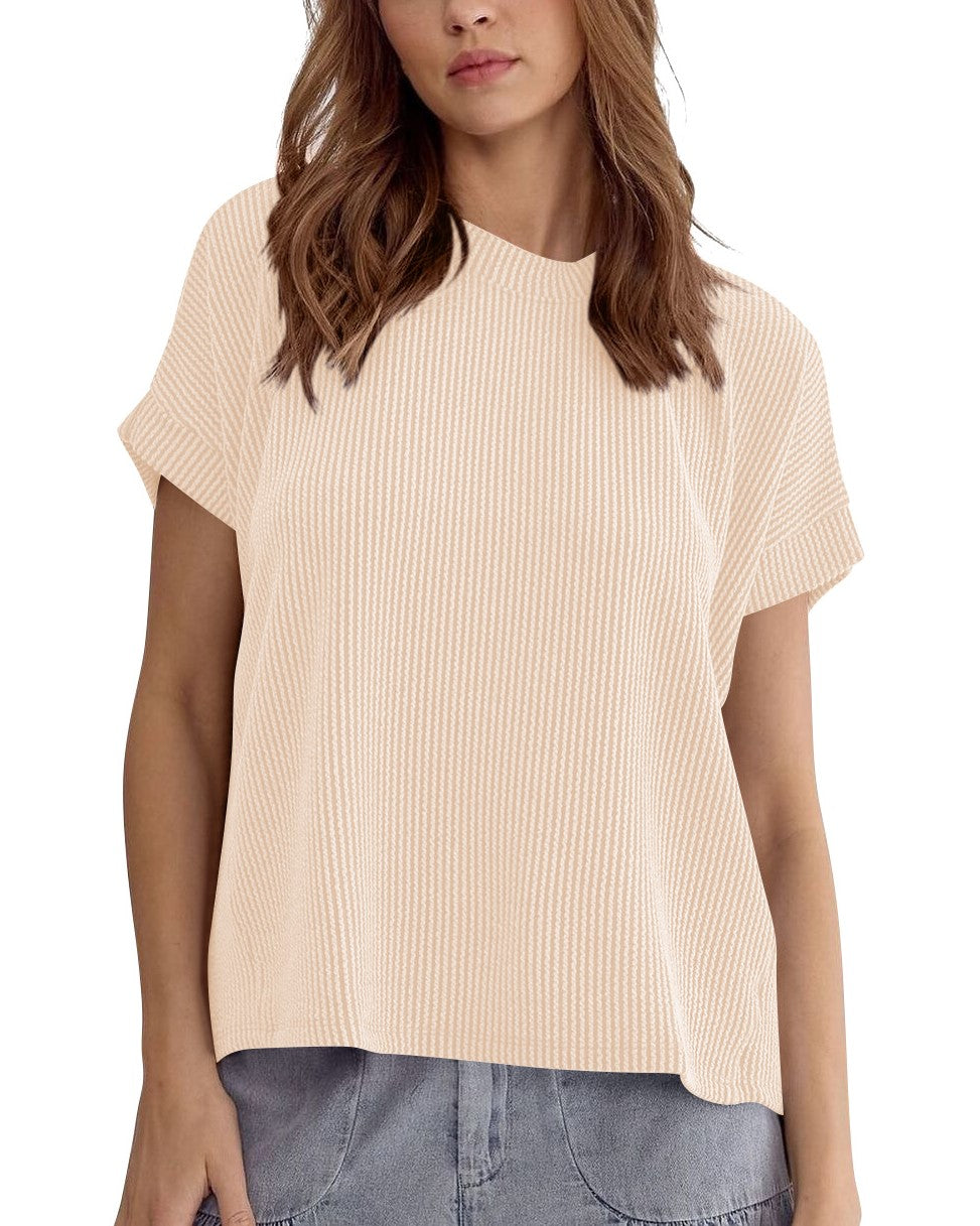 Ribbed Knit Oversized Short Sleeve Tee - Apricot