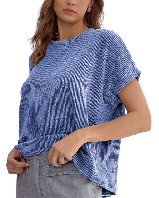 Ribbed Knit Oversized Short Sleeve Tee - Blue