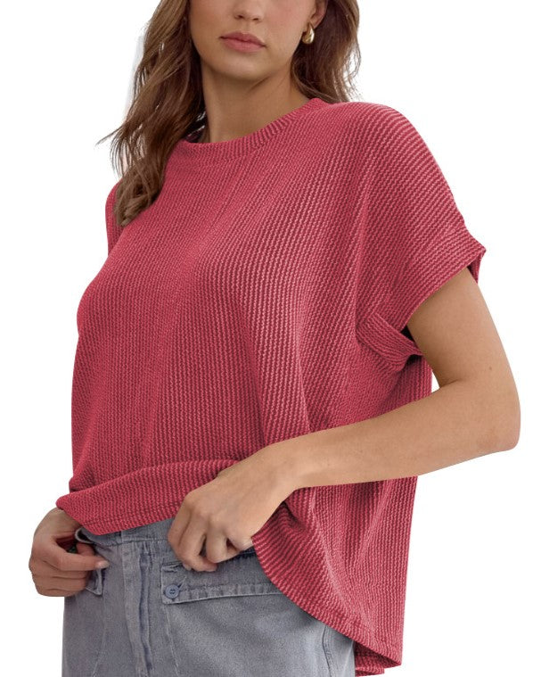 Ribbed Knit Oversized Short Sleeve Tee - Red