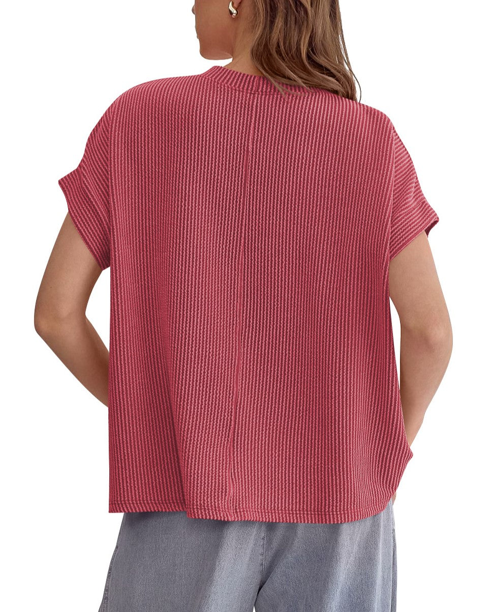 Ribbed Knit Oversized Short Sleeve Tee - Red - 1