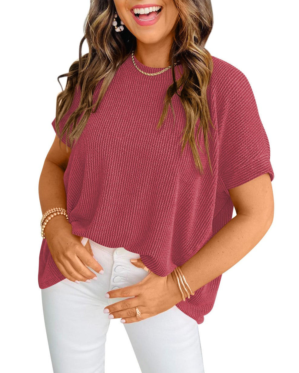 Ribbed Knit Oversized Short Sleeve Tee - Red - 2