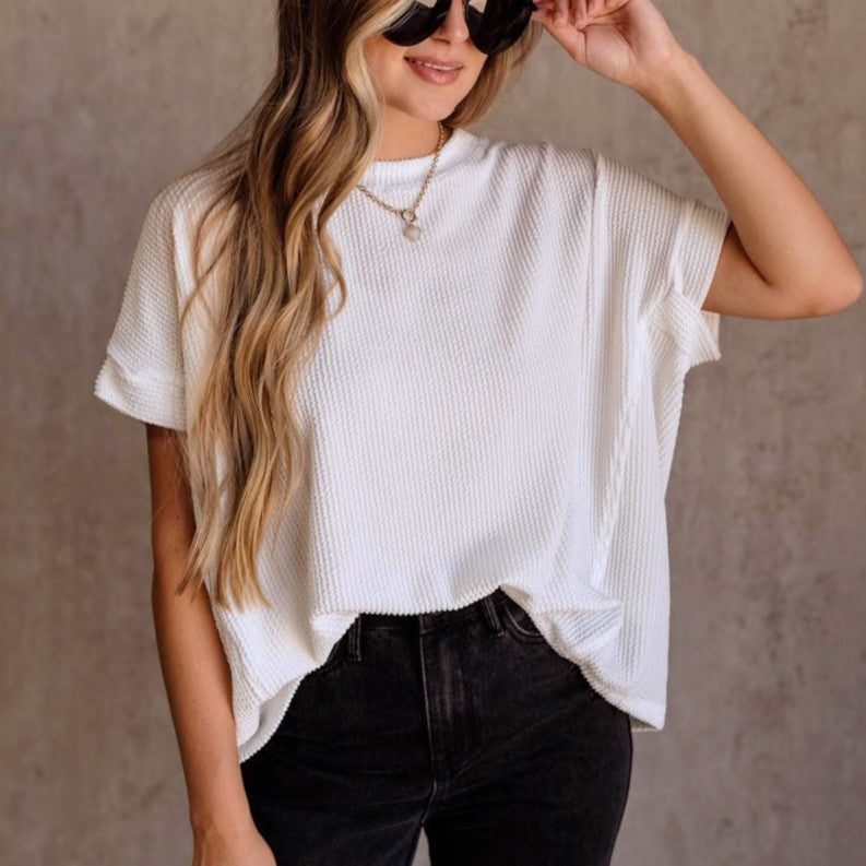 Ribbed Knit Oversized Short Sleeve Tee - White