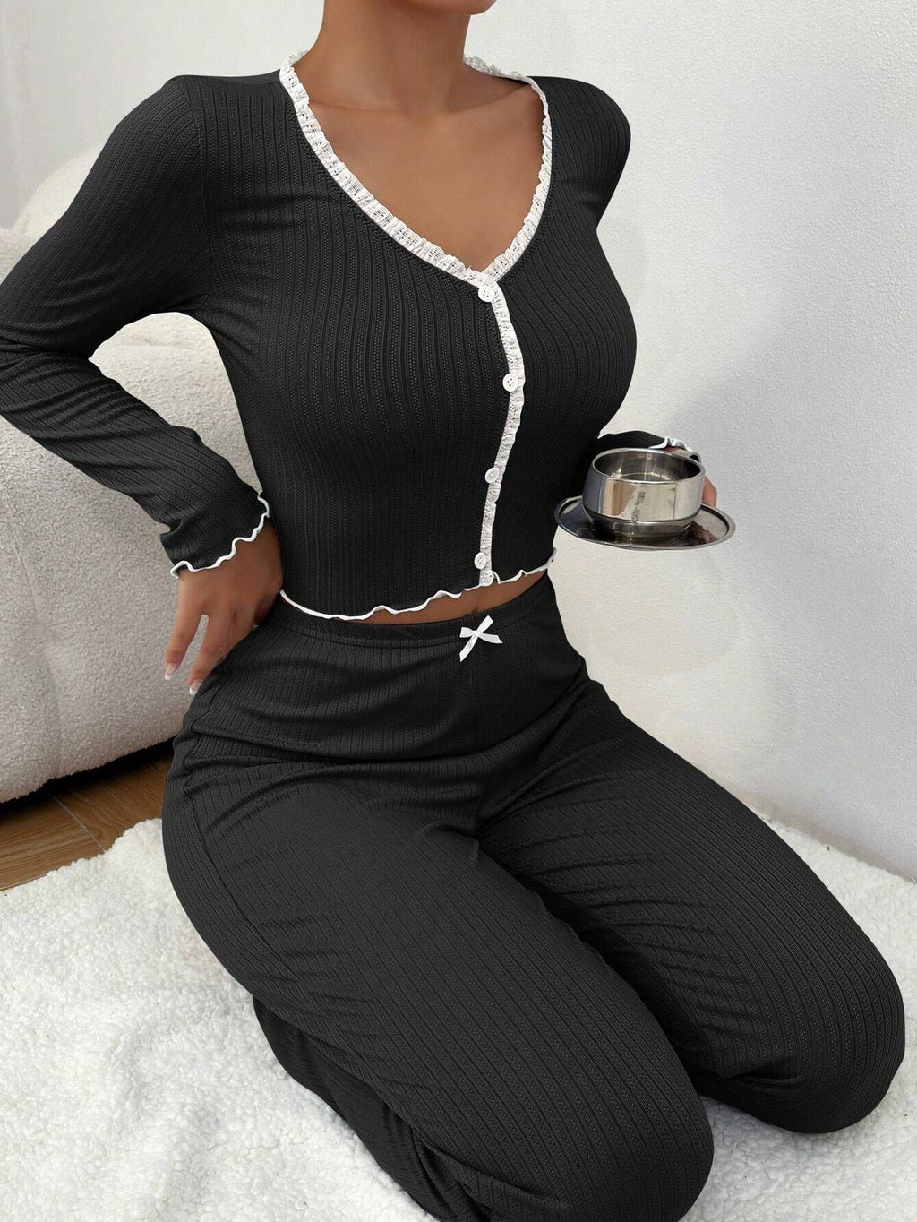 Ribbed Button Front Top And Pants Pajama Set - Black