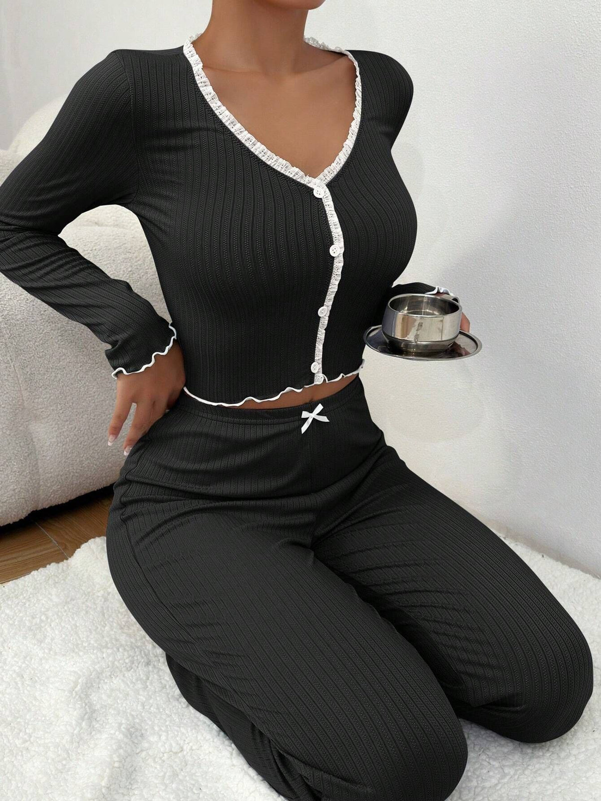 Ribbed Button Front Top And Pants Pajama Set - Black