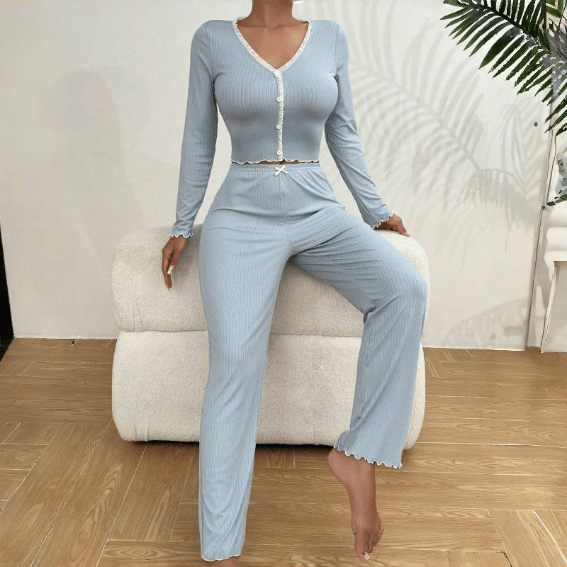 Ribbed Button Front Top And Pants Pajama Set - view 1