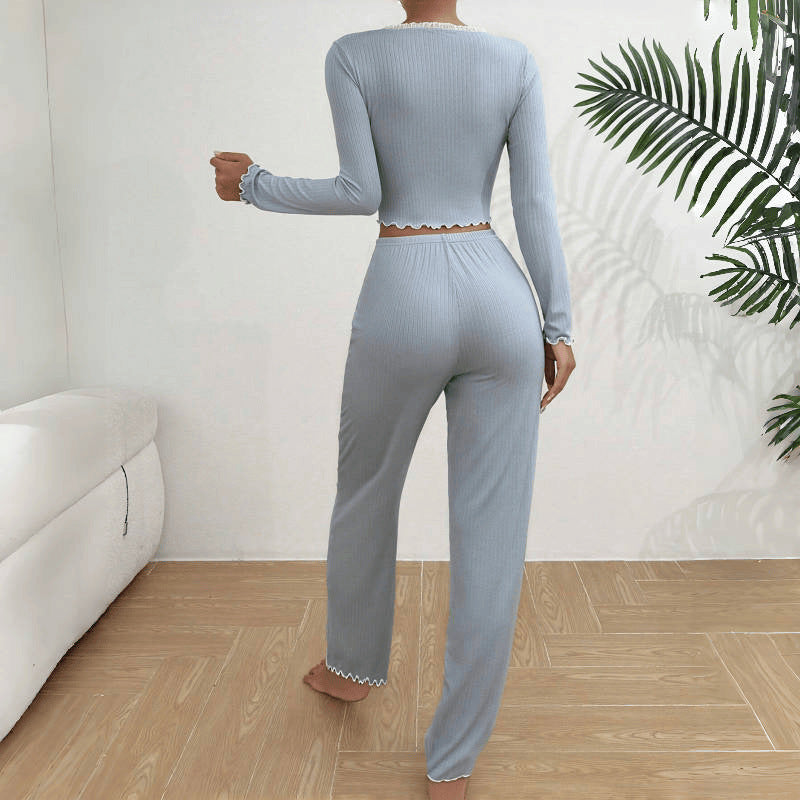 Ribbed Button Front Top And Pants Pajama Set - view 2