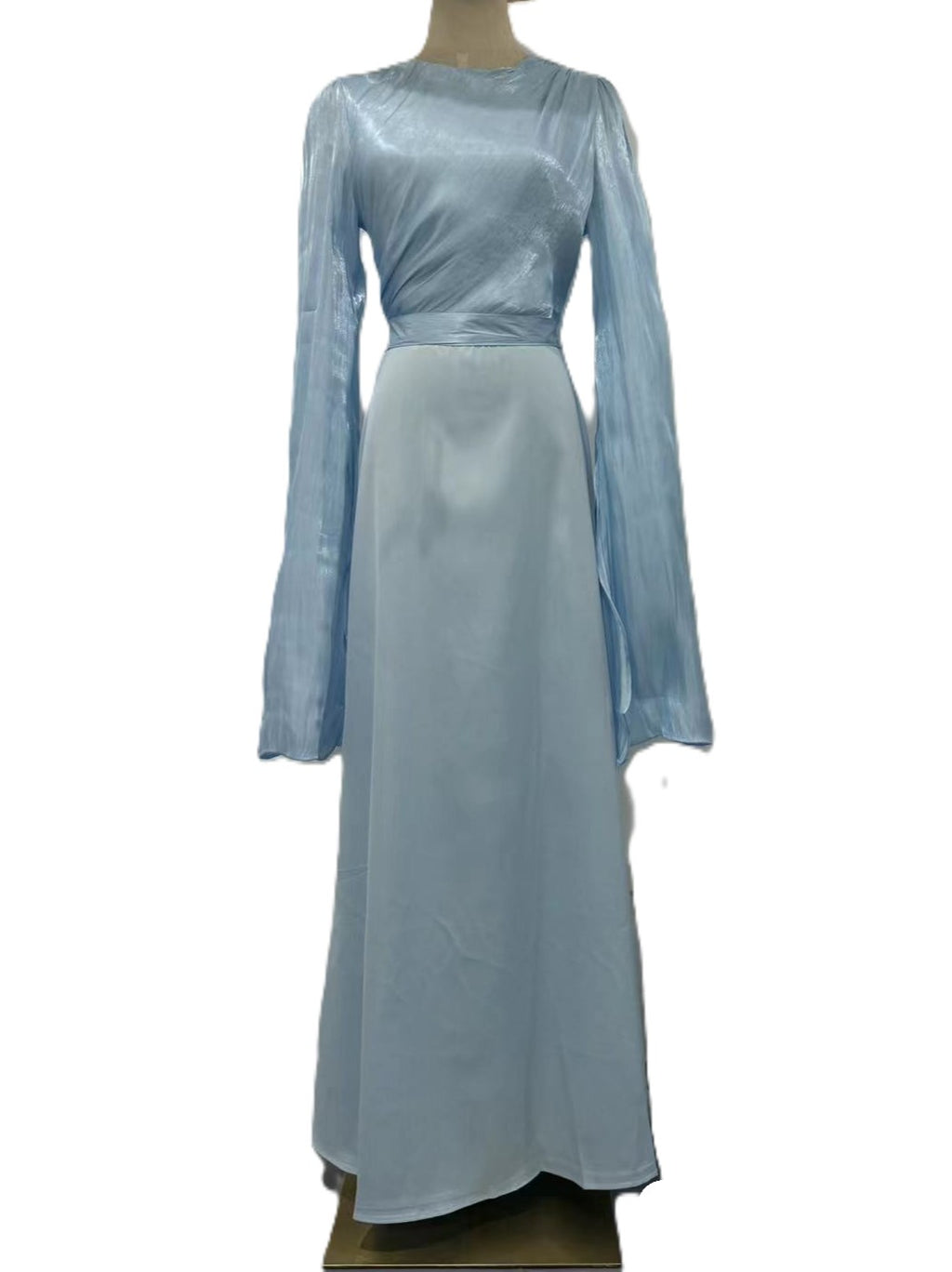 Two Tone Chiffon Sleeve Satin Maxi Dress - Blue