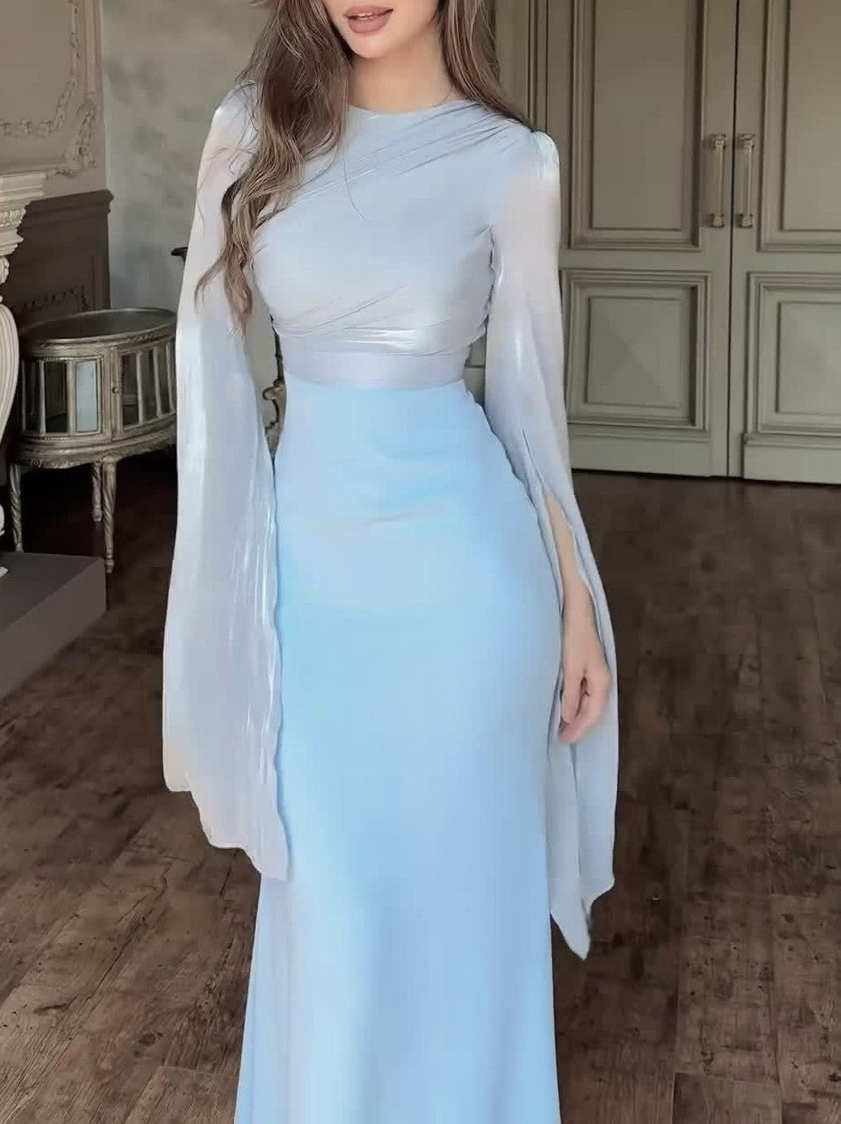 Two Tone Chiffon Sleeve Satin Maxi Dress - Blue - 1