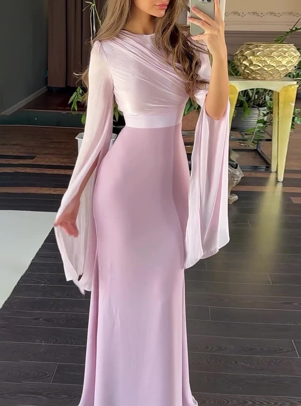 Two Tone Chiffon Sleeve Satin Maxi Dress - Pink