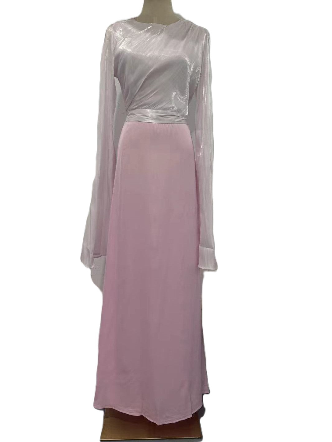 Two Tone Chiffon Sleeve Satin Maxi Dress - Pink - 1