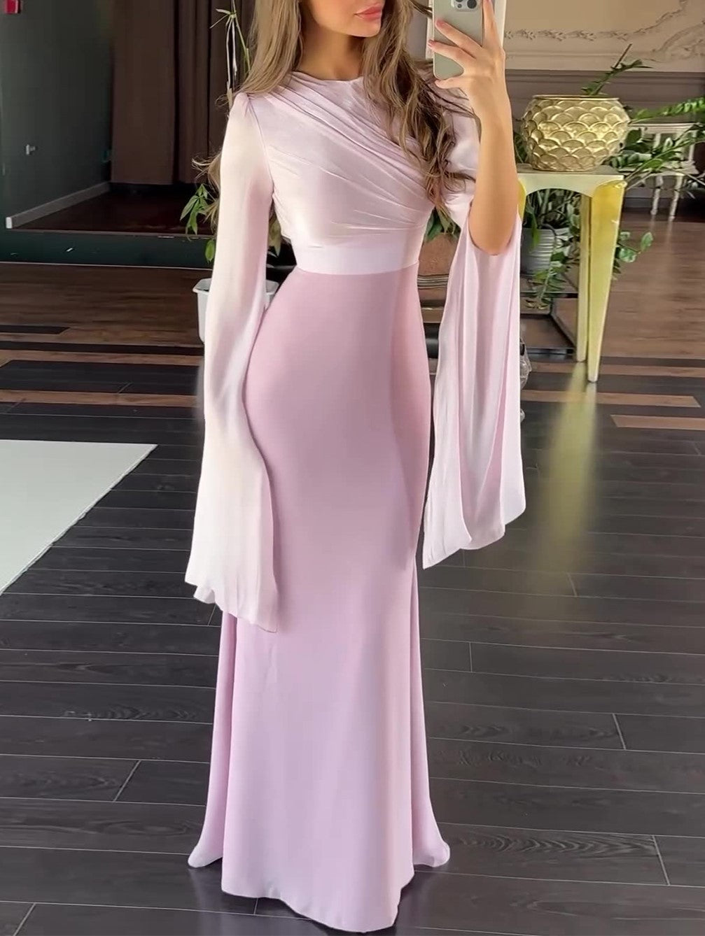 Two Tone Chiffon Sleeve Satin Maxi Dress