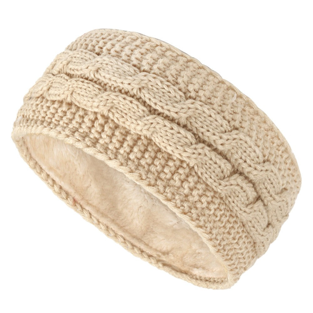 Center Braid Knit Plush Lined Ear Warmer Headband - Beige