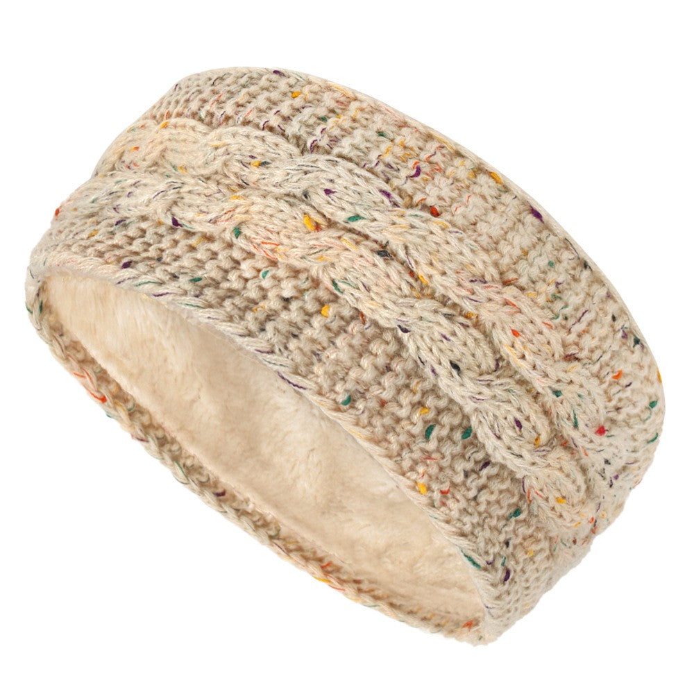 Center Braid Knit Plush Lined Ear Warmer Headband - Beige Confetti