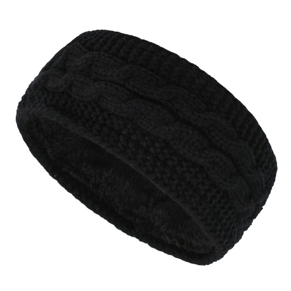Center Braid Knit Plush Lined Ear Warmer Headband - Black