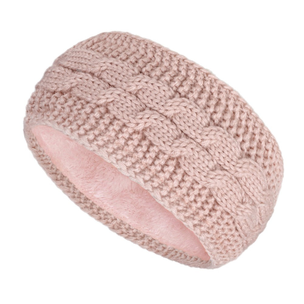 Center Braid Knit Plush Lined Ear Warmer Headband - Blush Pink