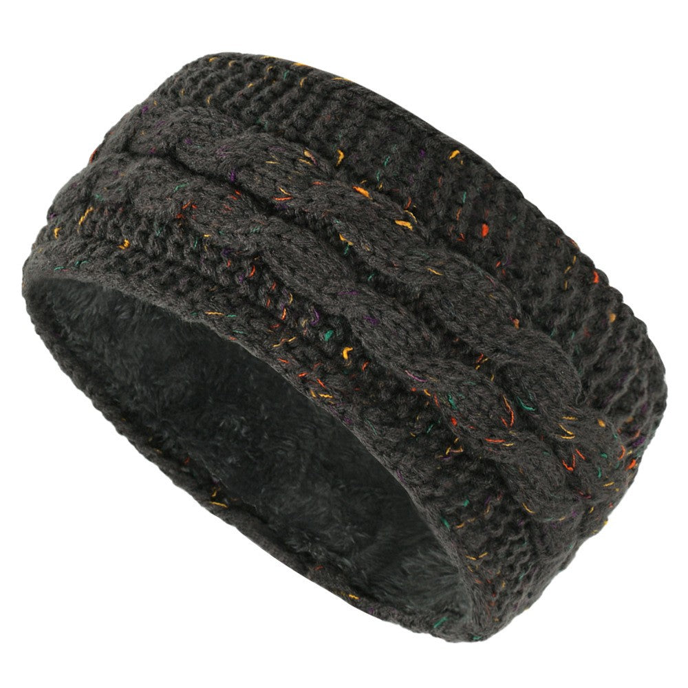 Center Braid Knit Plush Lined Ear Warmer Headband - Charcoal Confetti