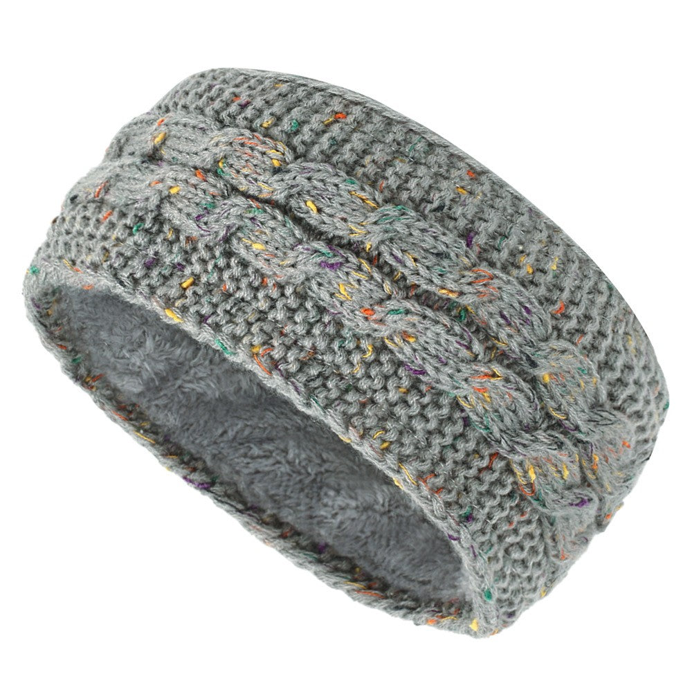 Center Braid Knit Plush Lined Ear Warmer Headband - Gray Confetti