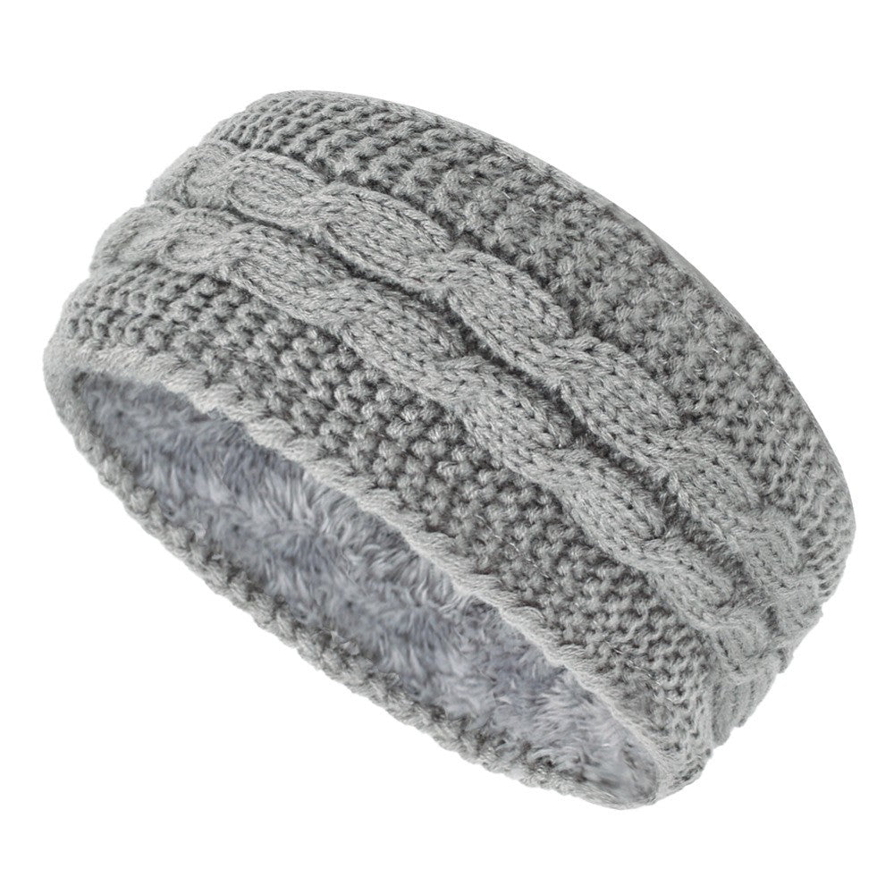 Center Braid Knit Plush Lined Ear Warmer Headband - Light Gray