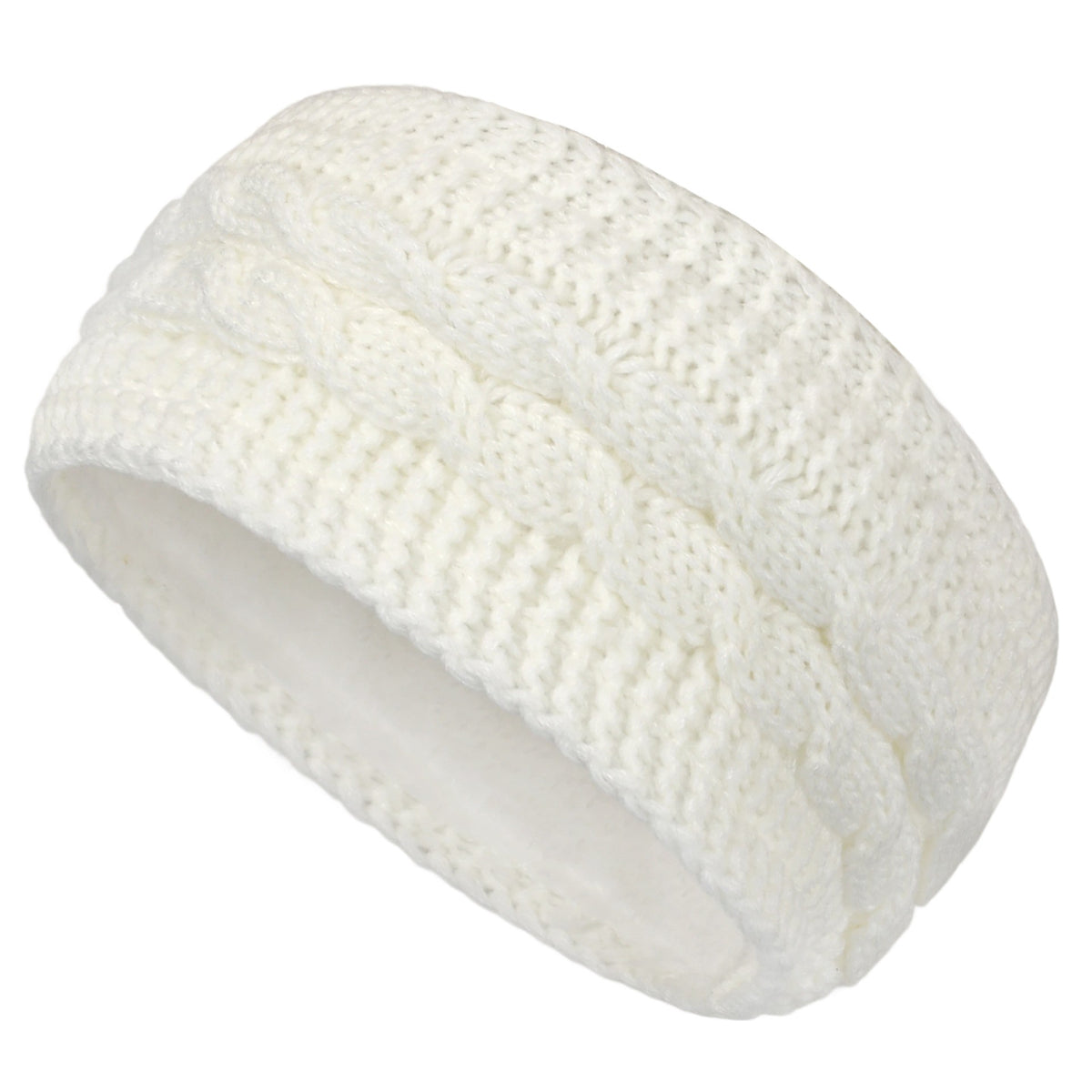 Center Braid Knit Plush Lined Ear Warmer Headband - White