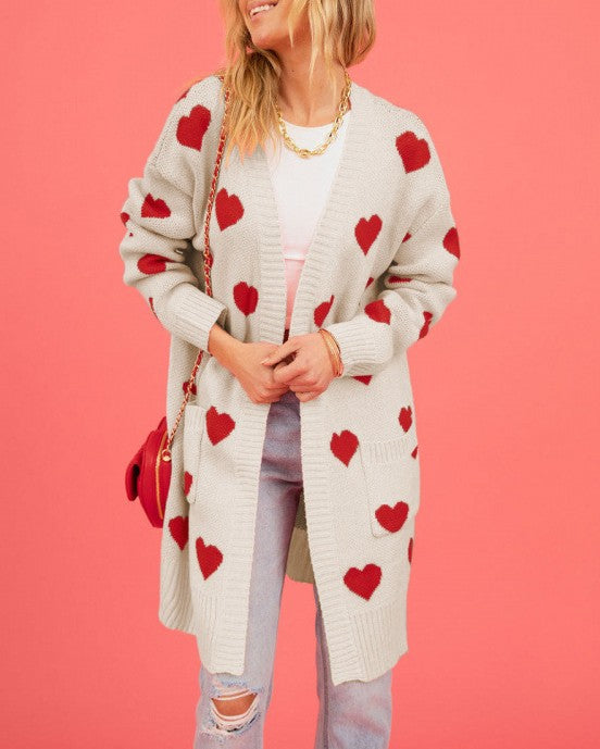 Longline Open Front Heart Knit Cardigan - Apricot