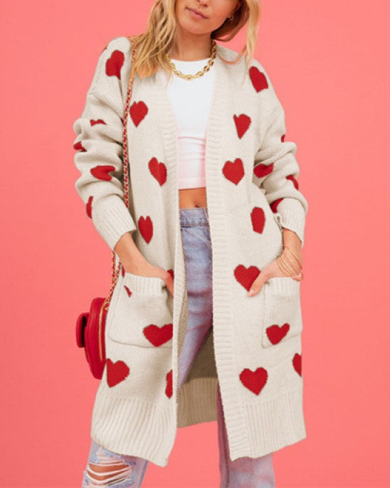 Longline Open Front Heart Knit Cardigan - Apricot - 1
